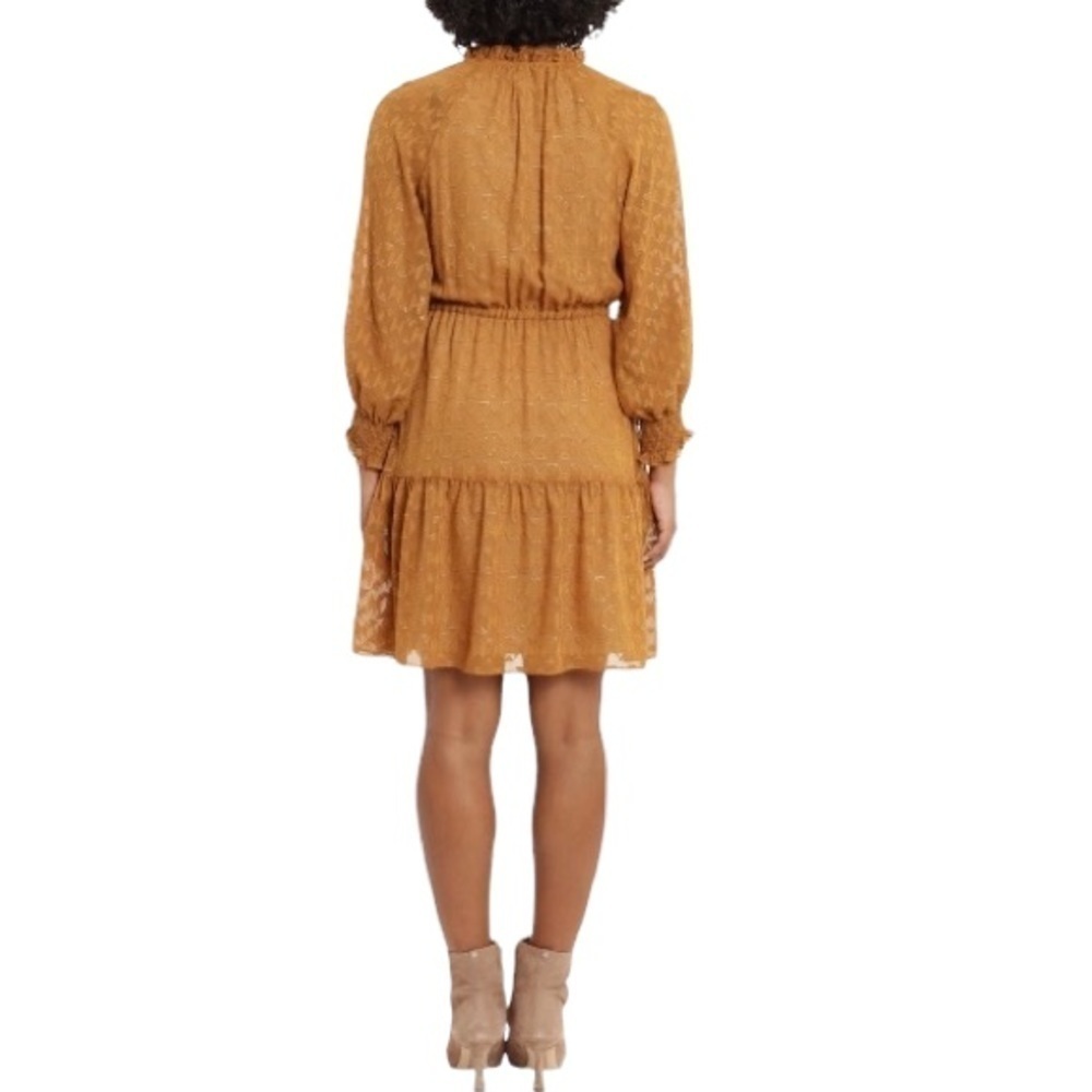 London Times Aztec Burnout Ruffle Dress In Terracotta With Gold Threading Sz. 12 - Picture 2 of 13